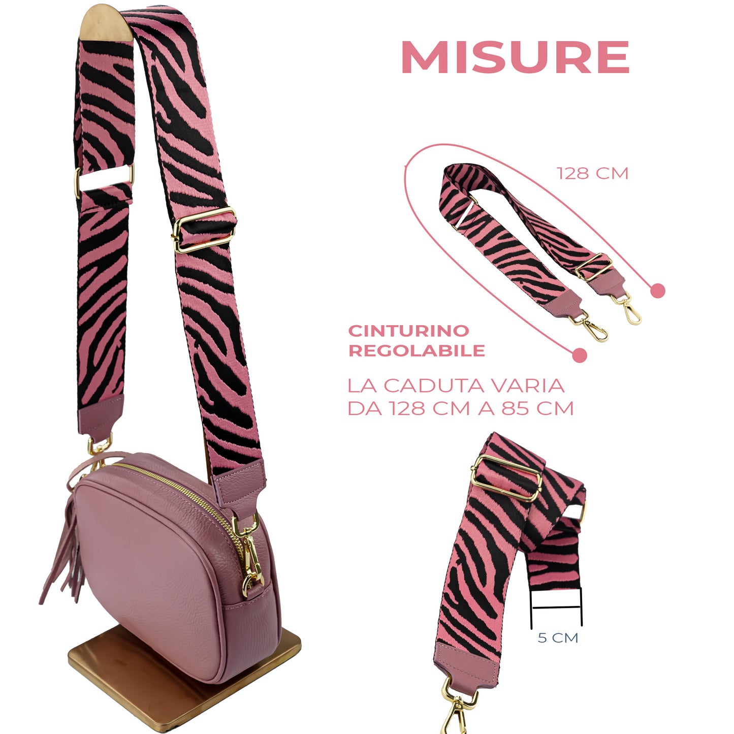 Tracolla in pelle colorata cross body intercambiabile tigrata ROSA NERA