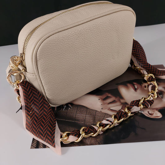 Camera Bag BEIGE con Tracolla a catenina foulard Rosa e Marrone